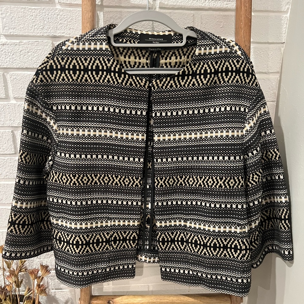 MaxMara Weekend Blazer Jacket 3/4 Sleeves, Pockets, Embroidered Details, Sz 10